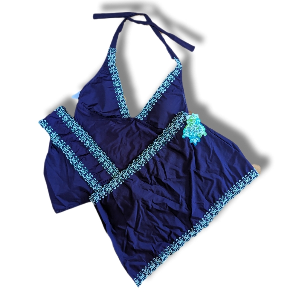 Becca Purple and Green Halter Swimsuit And Cover Up Skirt Large